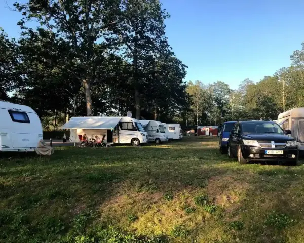 Solig dag på Alsterbro camping med husvagnar, husbilar och bilar uppställda på gräset.