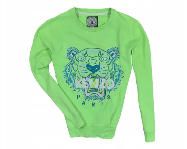 Jaskrawozielona bluza Kenzo damska z wyrazistym, niebieskim tygrysem i napisem "PARIS".