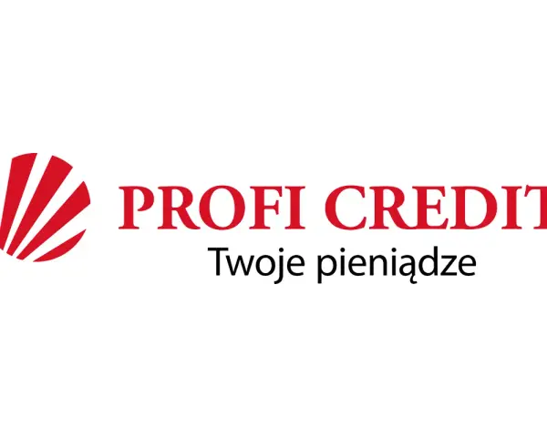 Logo PROFI CREDIT z hasłem "Twoje pieniądze". W tle czerwono-biały symbol.