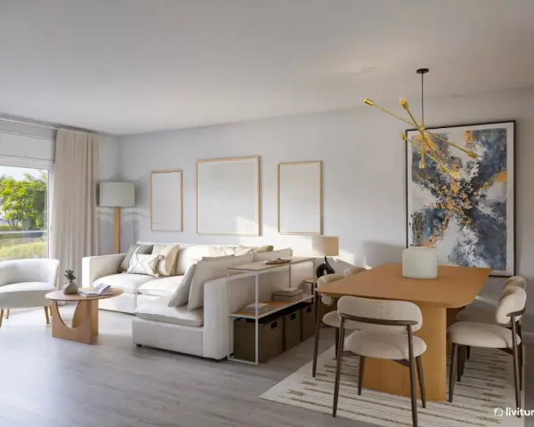 Salón moderno con sofá blanco, mesa de comedor y arte abstracto. Las medidas del salón permiten una distribución cómoda.