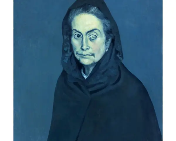 Portrait mélancolique d'une femme voilée, typique de la période bleue de Picasso.
