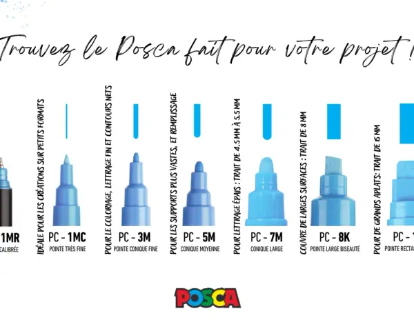 Divers feutres Posca bleus aux pointes variées, du fin au large, pour tous vos projets créatifs. Le vernis fixateur Posca assure la durabilité.