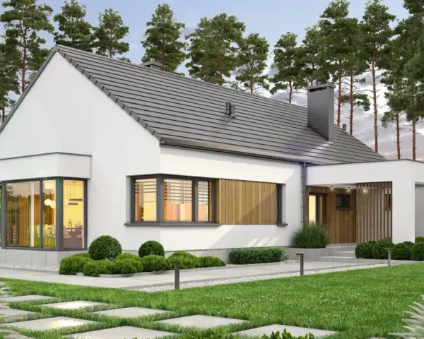 Nowoczesne domy parterowe do 120m2. Biały, minimalistyczny budynek z dużymi oknami i drewnianymi elementami, otoczony zielenią.