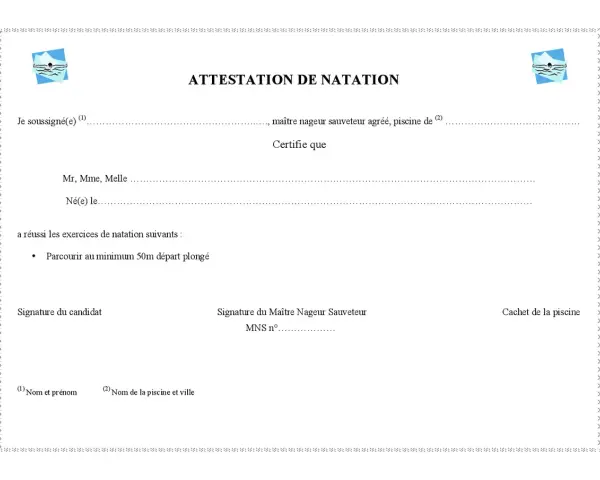 Attestation de natation avec logo, champ pour nom, date de naissance et exercice réussi.