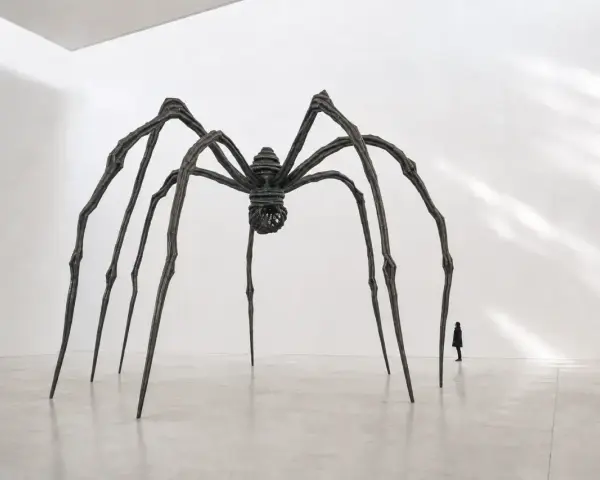 Une araignée monumentale, œuvre d'un artiste contemporain, domine une salle d'exposition. Une silhouette humaine, petite, contemple cette sculpture imposante.
