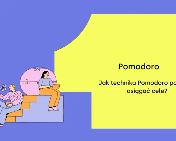 Ilustracja pokazuje, jak technika Pomodoro pomaga w produktywności. Dwie osoby pracują przy laptopach, obok klepsydra i minutnik.