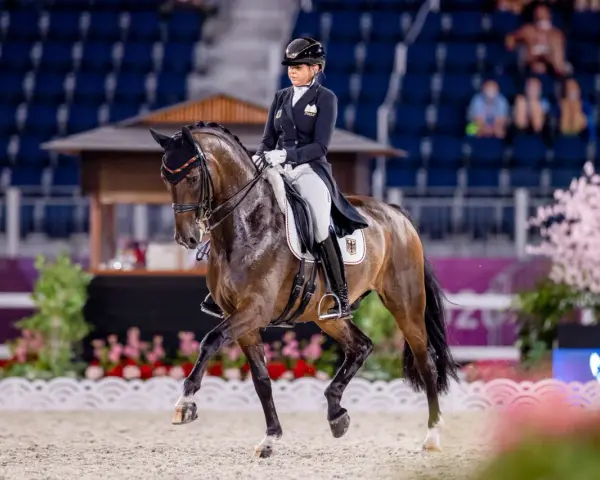Une cavalière en tenue d'apparat, Sandro Hit, exécute une figure de dressage devant un public.