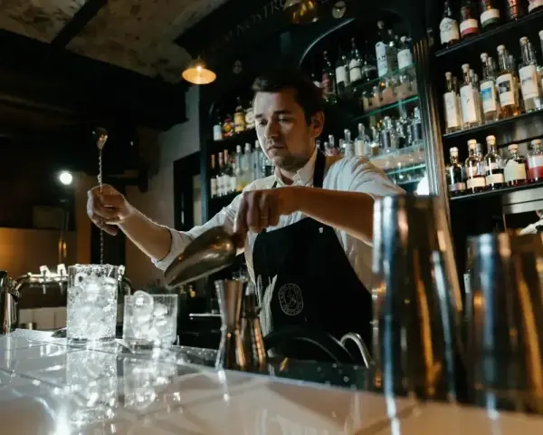 Barman przygotowuje drinki, pokazując, jak założyć drink bar. Na półkach stoją butelki alkoholi.
