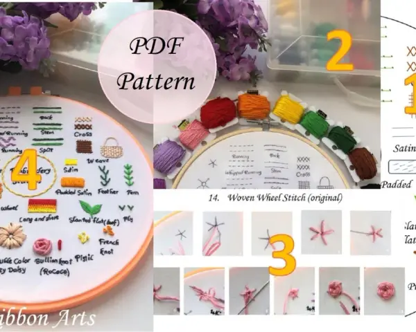 Schema di punti ricamo con fili colorati e schede illustrative. Un PDF pattern per imparare diversi punti.