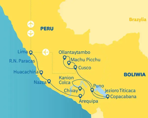 Mapa pokazuje, gdzie jest Peru, z zaznaczonymi miastami: Lima, Cusco, Machu Picchu, Puno i Jezioro Titicaca.