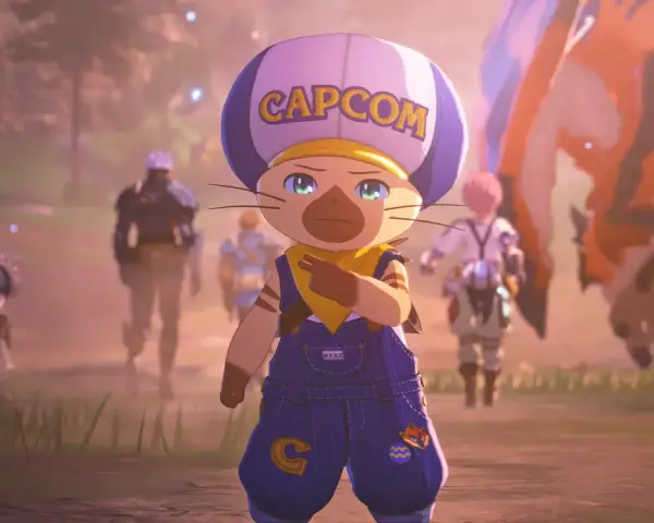 Un personaje felino con gorra de Capcom y overol azul, listo para la aventura en Monster Hunter Stories 3.