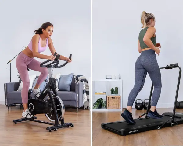 Left: Woman on a stationary bike. Right: Woman running on an incline treadmill.