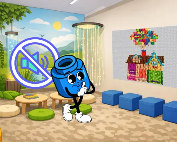 Postać z klocka uczy regulacji emocji u dzieci, pokazując znak ciszy. W tle mural z naturą i domkiem z koralików.