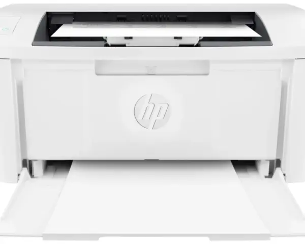 Biała drukarka HP LaserJet M12w z wysuniętą tacką na papier i włożonymi kartkami.