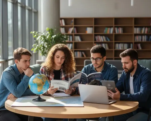Studenci przy okrągłym stole z globusem i mapami. Zastanawiają się, jakie studia po maturze z geografii wybrać, analizując materiały.