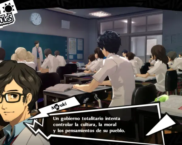 En clase de Persona 5 Royal, Maruki habla sobre gobiernos totalitarios.
