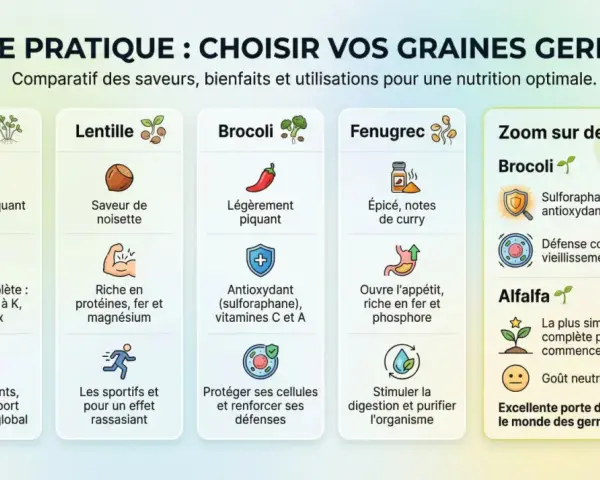 Guide comparatif des graines germées : Alfalfa, Lentille, Brocoli, Fenugrec. Zoom sur les bienfaits du brocoli et de l'alfalfa.