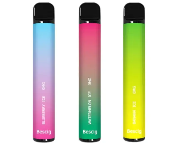 Tres vapers sin nicotina con degradados de color: azul/rosa (arándano), rosa/verde (sandía) y verde (plátano).