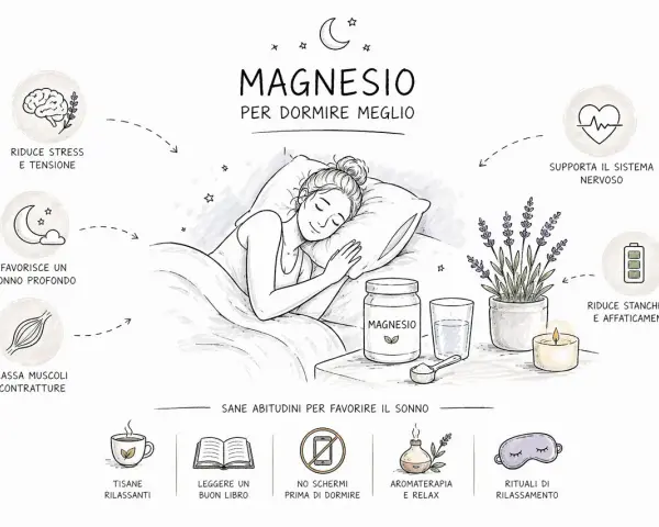 Donna dorme serenamente, circondata da elementi che promuovono il rilassamento muscolare profondo e un sonno ristoratore.