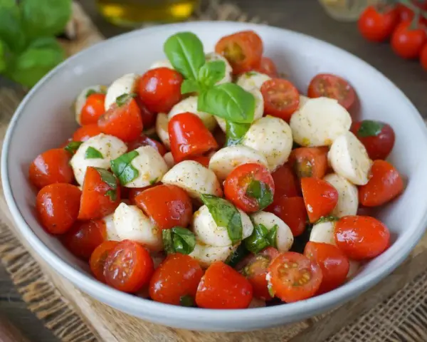 Ein frischer Tomate Mozzarella Salat mit Basilikum, perfekt für einen leichten Genuss.