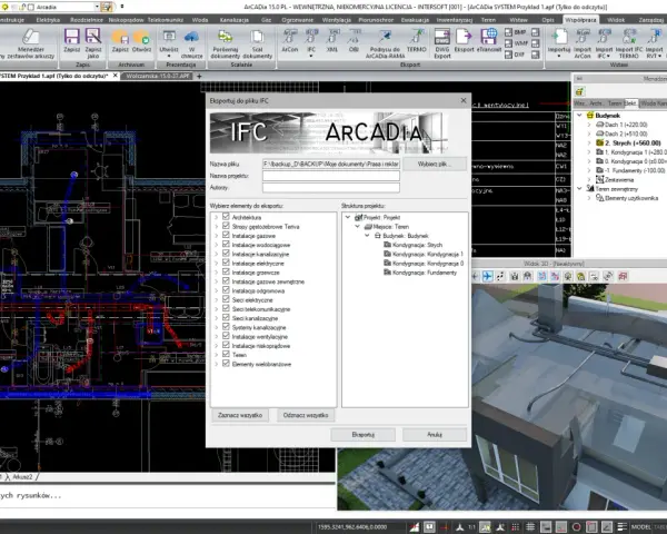 Widok 3D z programu RVT viewer, pokazujący model budynku z instalacjami.