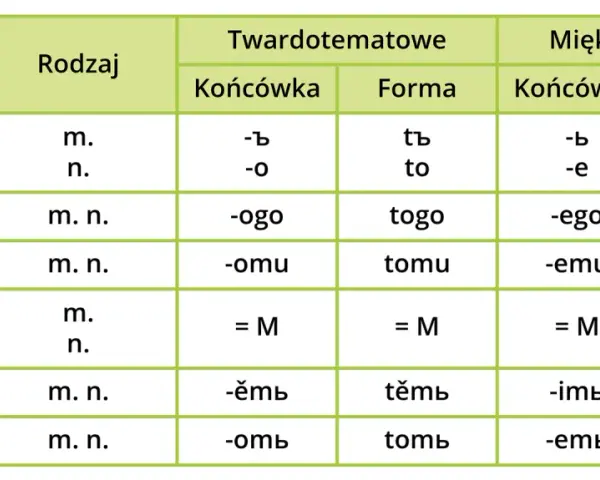 Tabela odmiany rzeczowników: przypadki, rodzaje, końcówki i formy dla twardo- i miękkotematowych. Jaki to rodzaj gramatyczny?