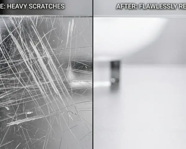 Before: heavily scratched polycarbonate. After: flawlessly restored. This shows that polycarbonate does scratch easily, but can be repaired.
