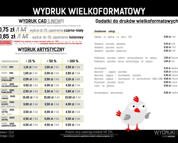 Cennik wydruku wielkoformatowego: ile kosztuje wydrukowanie plakatu? Ceny od 0,75 zł/A4 za wydruk czarno-biały do 5,50 zł/A4 za papier satynowy 260g.