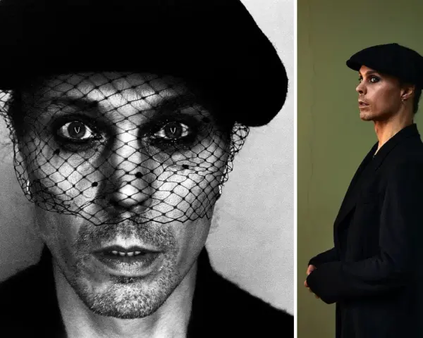 Dwie fotografie: zbliżenie na twarz him ville valo w woalce i beret, oraz postać w czarnym płaszczu i kaszkiecie.