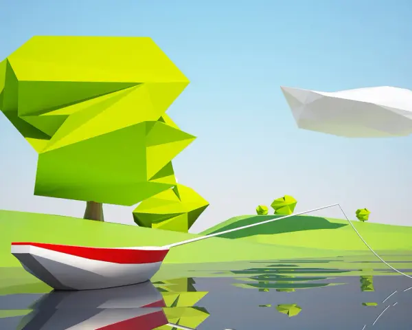 Łódka z czerwonym pasem na wodzie, w tle stylizowane drzewa i chmura w stylu low poly.