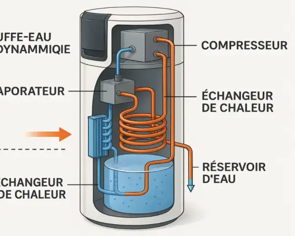 Schéma d'un chauffe-eau thermodynamique : évaporateur, compresseur, échangeur de chaleur et réservoir d'eau.
