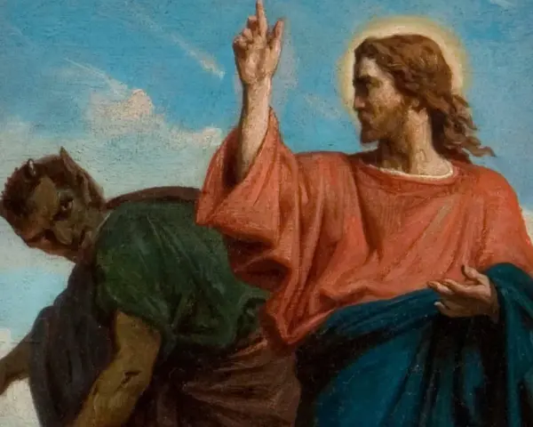Jesus in the desert, with a devil tempting him from the shadows.