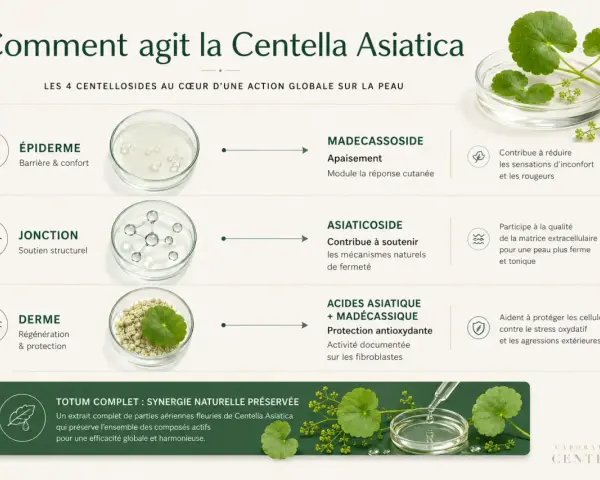 Infographie expliquant l'action de la Centella Asiatica sur la peau, détaillant ses centellosides et leurs bienfaits.