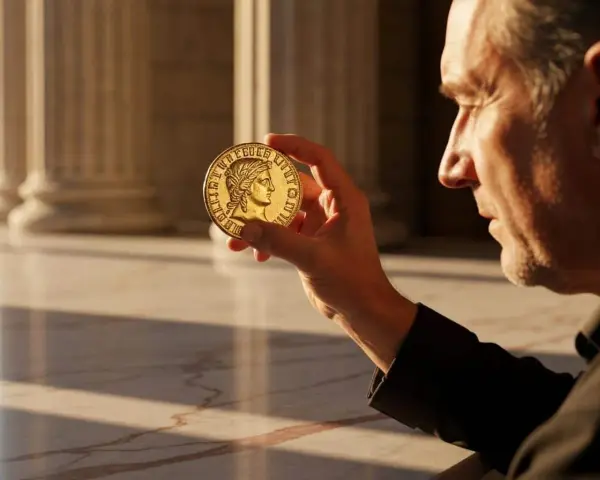 Un homme examine une pièce dorée de 10 centimes Marianne, avec des colonnes en arrière-plan.