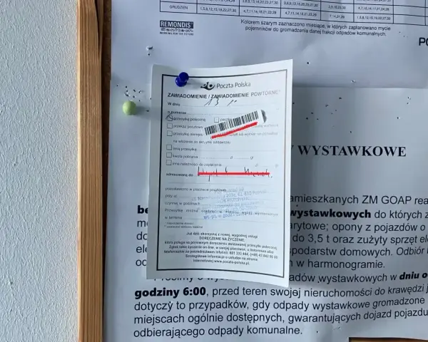 Awizo jak liczyć termin: powtórne zawiadomienie z Poczty Polskiej, z zaznaczonymi polami do wypełnienia i informacją o odbiorze przesyłki.