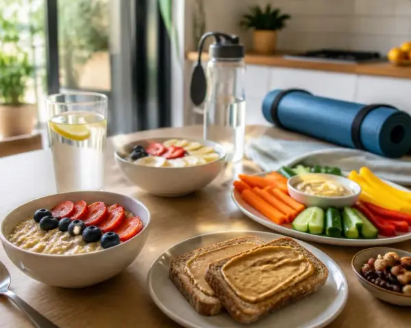 Petit-déjeuner sain pour le sport d'endurance : porridge aux fruits, toasts au beurre de cacahuète, légumes et fruits secs.
