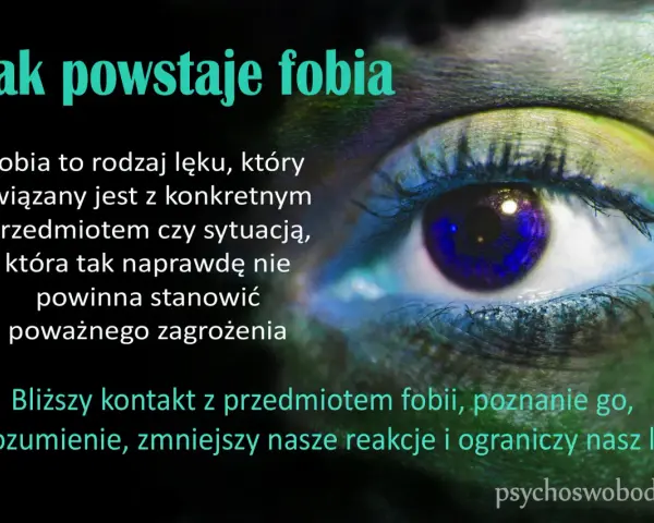 Oko z niebieską tęczówką, na którym widnieje tekst o tym, jak powstaje fobia. Fobia to lęk przed czymś, co nie stanowi zagrożenia.