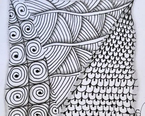 Un intrincado zentangle art con espirales, líneas y escamas.
