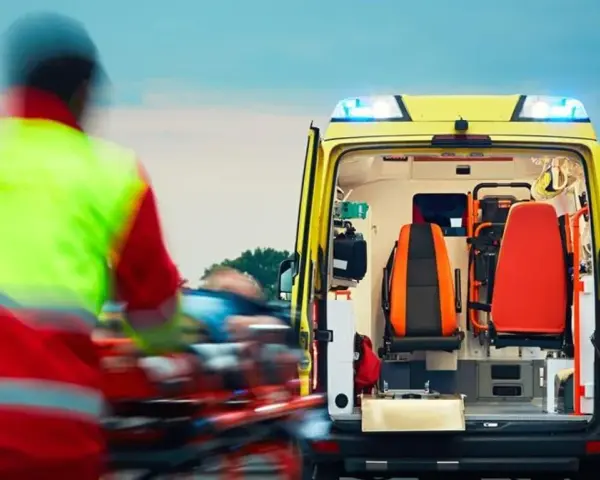 Ratownictwo medyczne w akcji. Ratownik w kamizelce odblaskowej transportuje pacjenta do karetki.