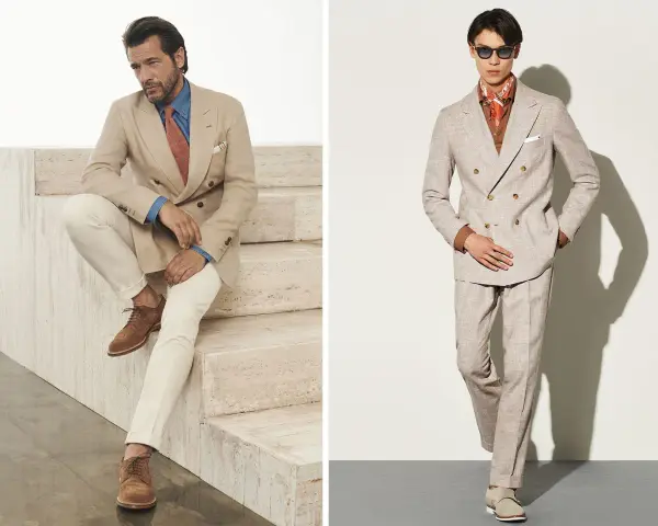 Uomo elegante in completo beige, perfetto come vestito matrimonio uomo ospite. Stile raffinato per un evento speciale.