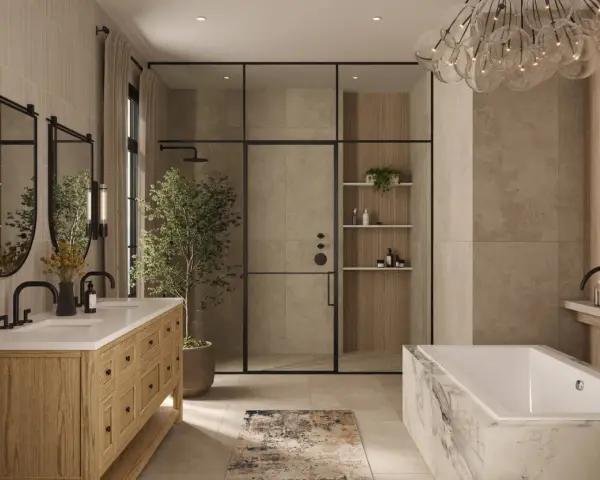 A modern bathroom remodel featuring a wooden vanity, glass shower, and marble bathtub.