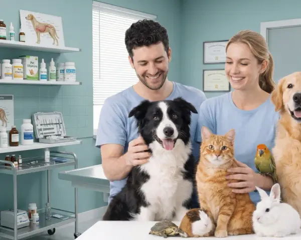 Coppia felice con animali domestici, ideale per corsi di animal care. Un cane, un gatto, un coniglio, un porcellino d'India, una tartaruga, un pappagallo e un cane più grande.
