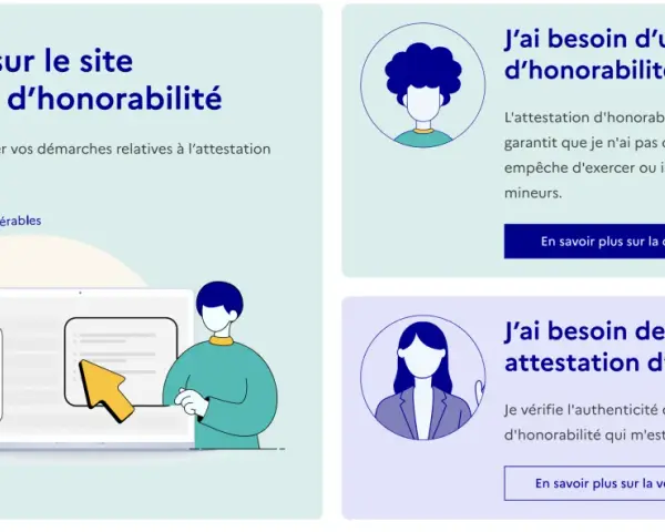Illustration d'un site web présentant des informations sur l'attestation d'honorabilité, avec des icônes et des textes explicatifs.