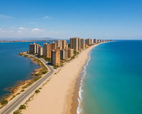 Hohe Gebäude säumen eine lange Sandbucht mit türkisfarbenem Meer und blauer Lagune.