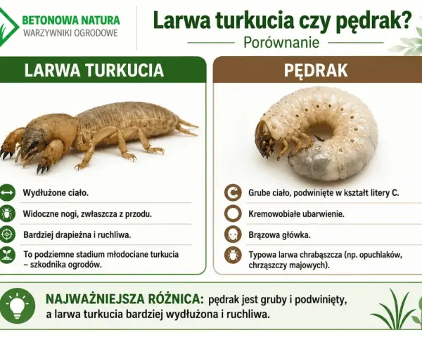 Porównanie larwy turkucia i pędraka. Larwa turkucia jest wydłużona i ruchliwa, pędrak gruby, zwinięty w C.
