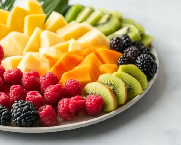 Kolorowa taca z owocami: maliny, jeżyny, kiwi, mango i papaja. Idealnie sprawdzi się, jak podać owoce na komunię.