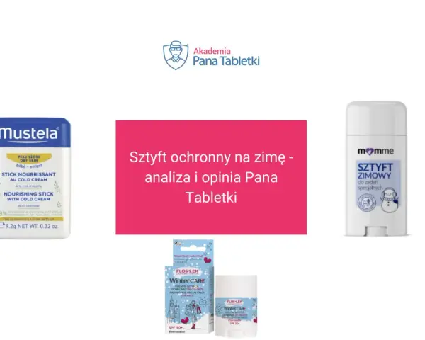 Trzy kosmetyki w formie sztyftu: Mustela, Momme i Flos-lek Winter Care, do ochrony skóry zimą.