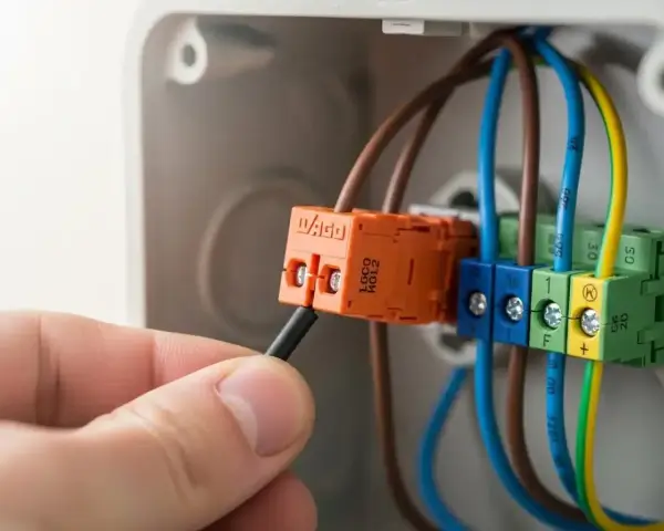 Main électrique pour brancher radiateur inertie sur prise de courant. Connexion des fils dans un boîtier.