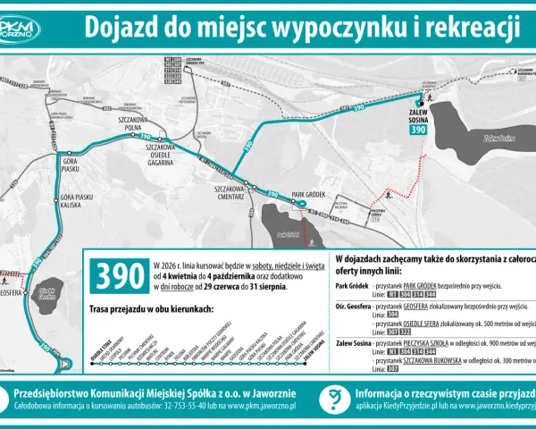 Mapa z trasą linii 390 PKM Jaworzno do Zalewu Sosina i Parku Gródek. Rozkład jazdy autobusów.