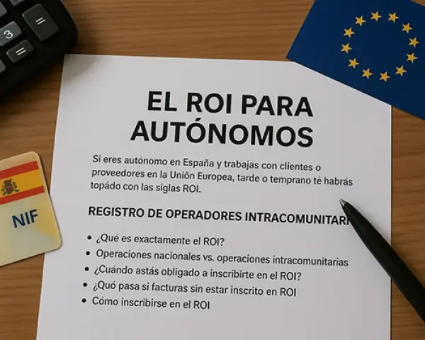 Documento sobre el ROI para autónomos, con un NIF español y la bandera de la UE. Explica el registro de operadores intracomunitarios.